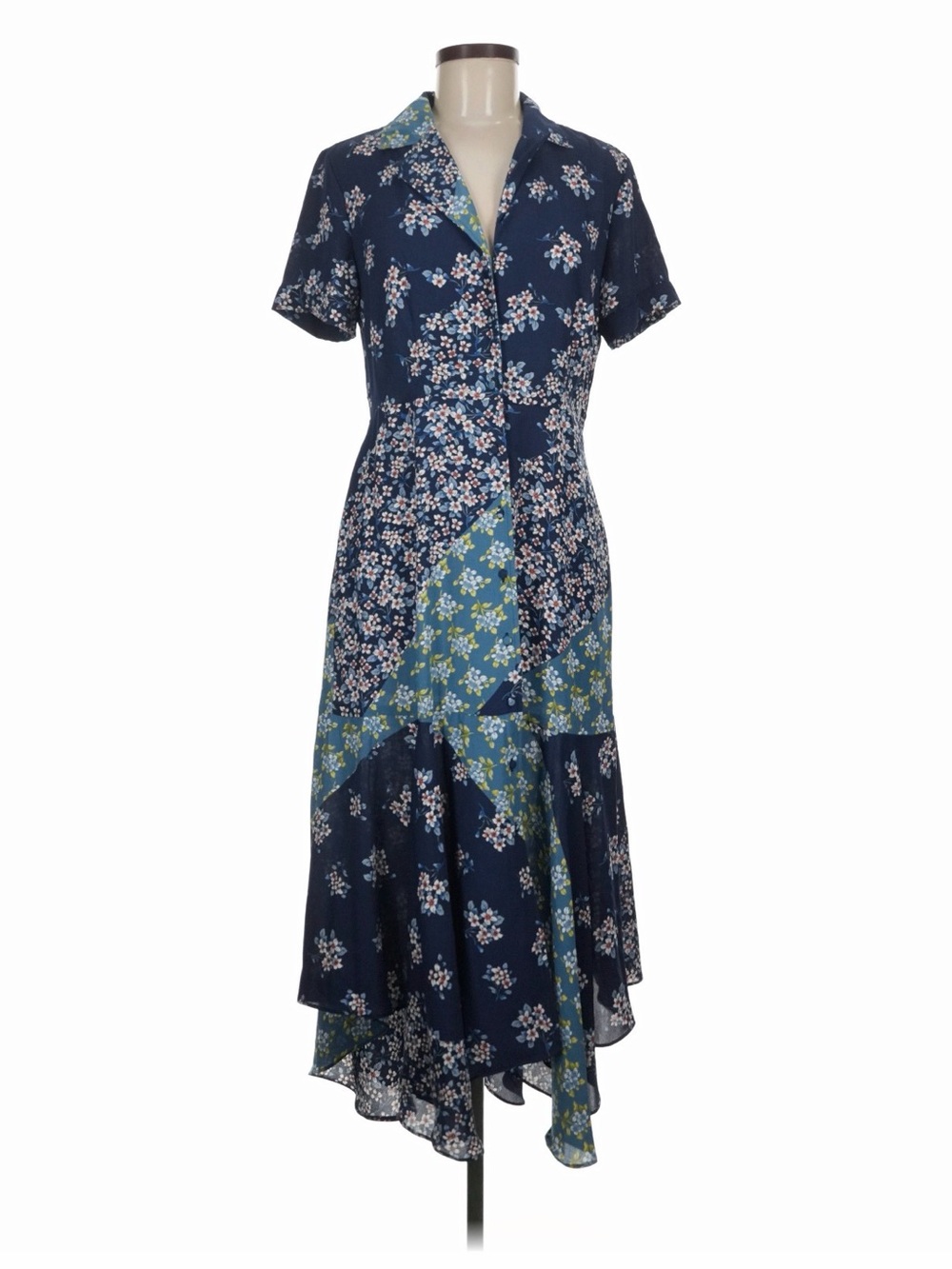 Nanette Lepore Navy Floral Patchwork Short-Sleeve Midi Dress